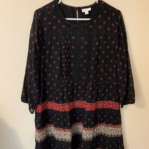 JJill Large black cotton patterned dress with lace trim.